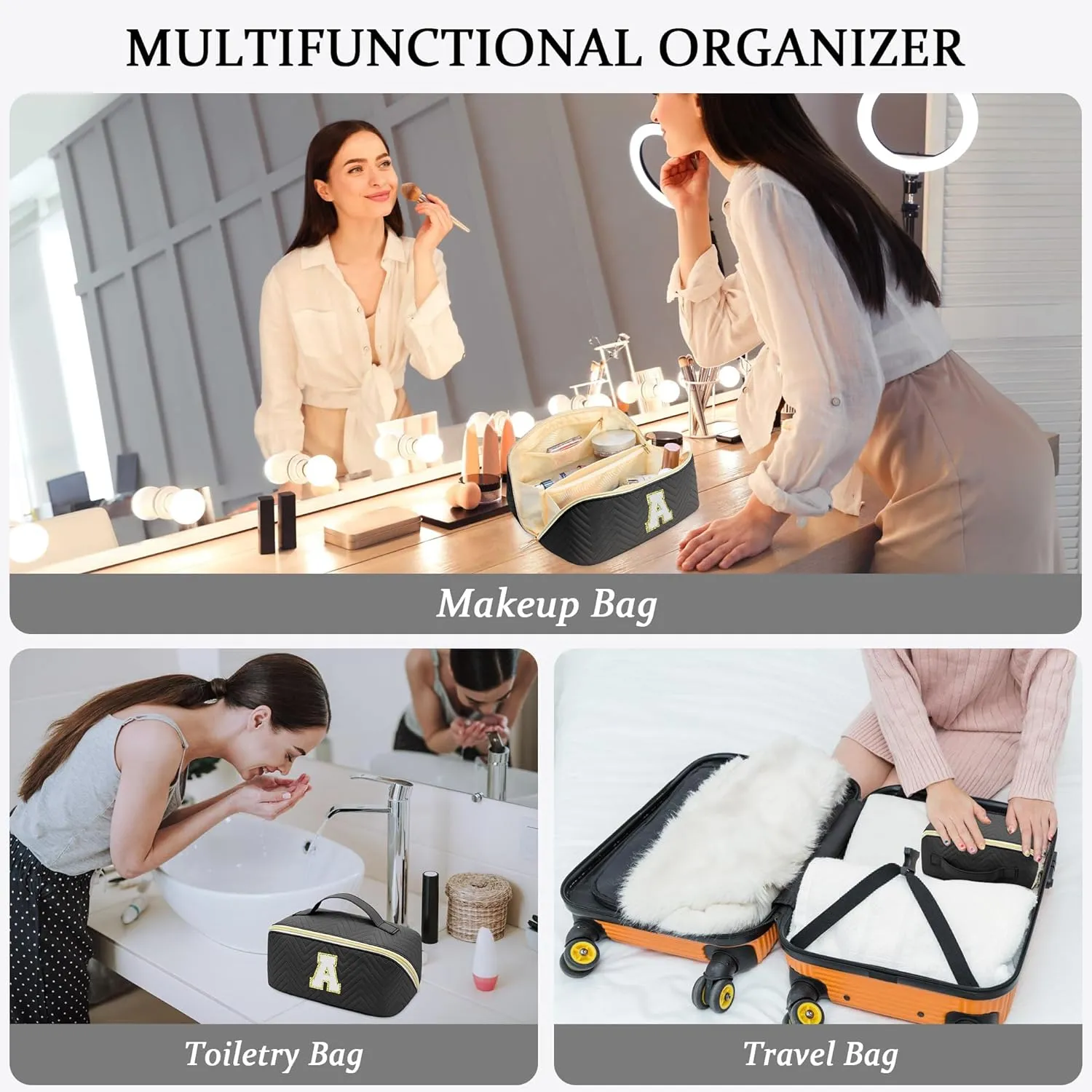 Personalized Initial Makeup Bag | Trendy Large Capacity Cosmetic Bags Travel Toiletry Bag Teen Girls Women Girlfriend Teacher Gifts, Birthday Gifts Leather Waterproof Portable Make up Bag Organizer T