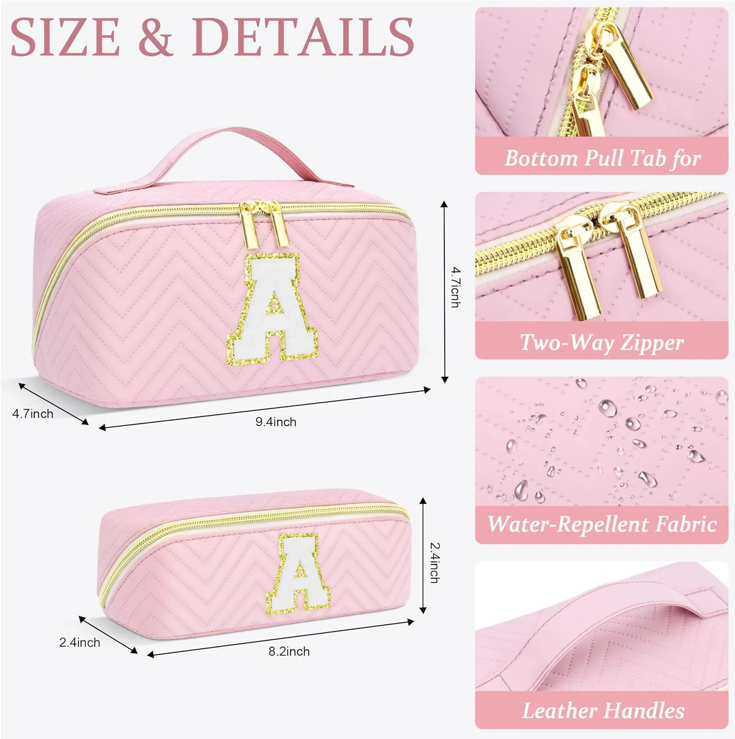 Personalized Initial Pink Makeup Bag | Trendy Cosmetic Bags Travel Toiletry Bag for Teen Girls Women, mother's day/graduation/Birthday day Gifts Portable Make up Bag Leather Waterproof Organizer T