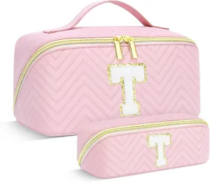 Personalized Initial Pink Makeup Bag | Trendy Cosmetic Bags Travel Toiletry Bag for Teen Girls Women, mother's day/graduation/Birthday day Gifts Portable Make up Bag Leather Waterproof Organizer T