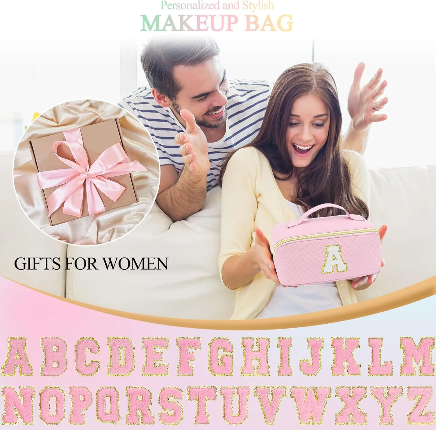 Personalized Initial Pink Makeup Bag | Trendy Cosmetic Bags Travel Toiletry Bag for Teen Girls Women, mother's day/graduation/Birthday day Gifts Portable Make up Bag Leather Waterproof Organizer T