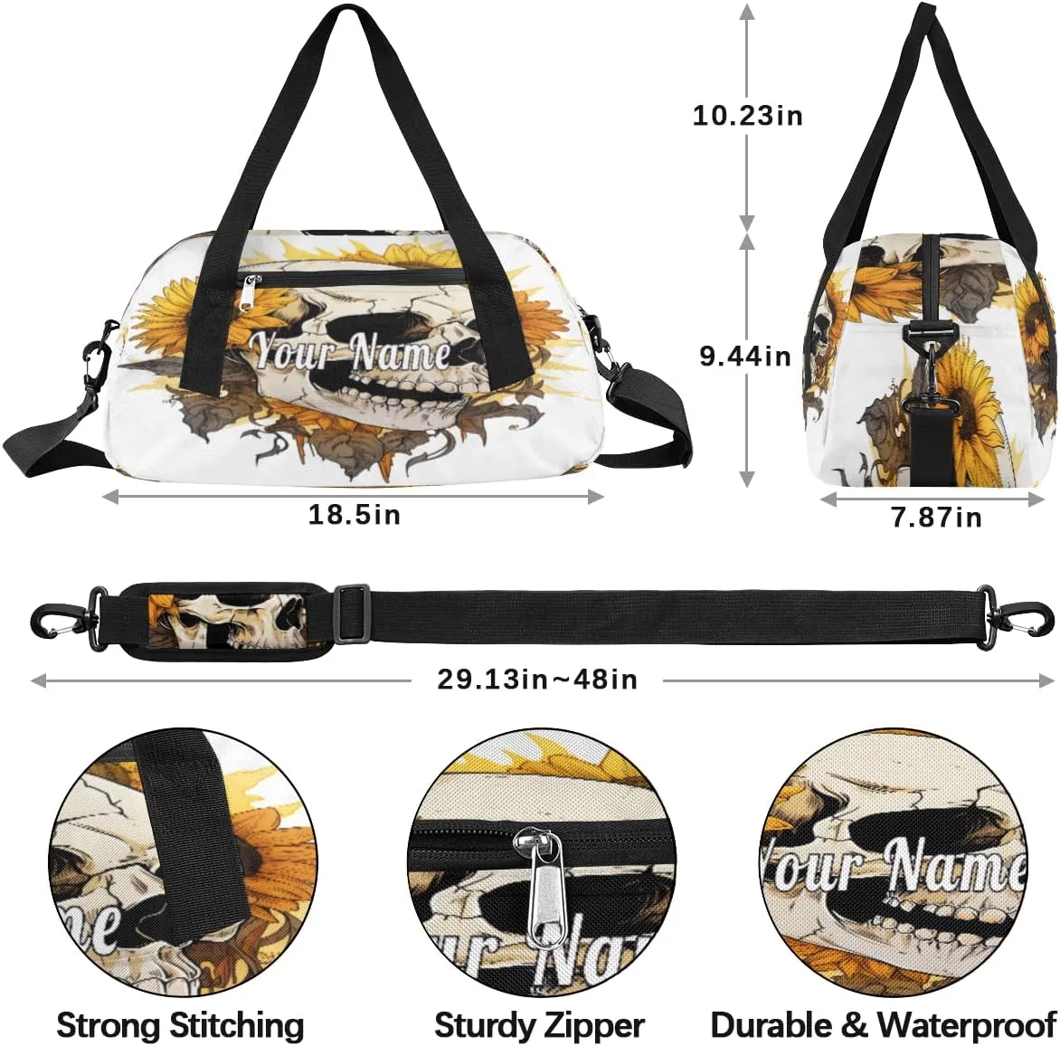 Personalized Kids Duffel Bag Art Painting Skull Skeleton Sunflower,Custom Sport Gym Bag for Boys Girls,WWeekender Overnight Bags Travel Duffel Bag,Customized Kids Gift