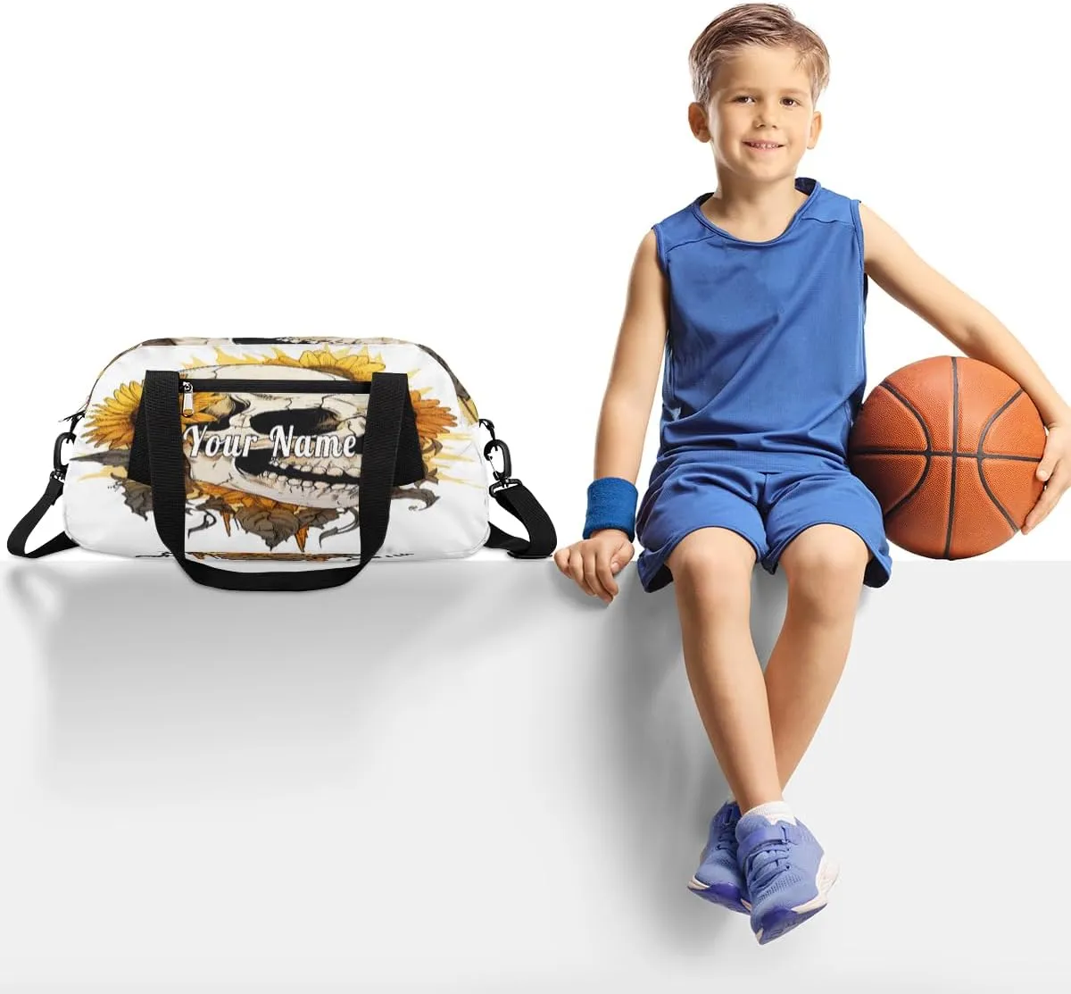 Personalized Kids Duffel Bag Art Painting Skull Skeleton Sunflower,Custom Sport Gym Bag for Boys Girls,WWeekender Overnight Bags Travel Duffel Bag,Customized Kids Gift
