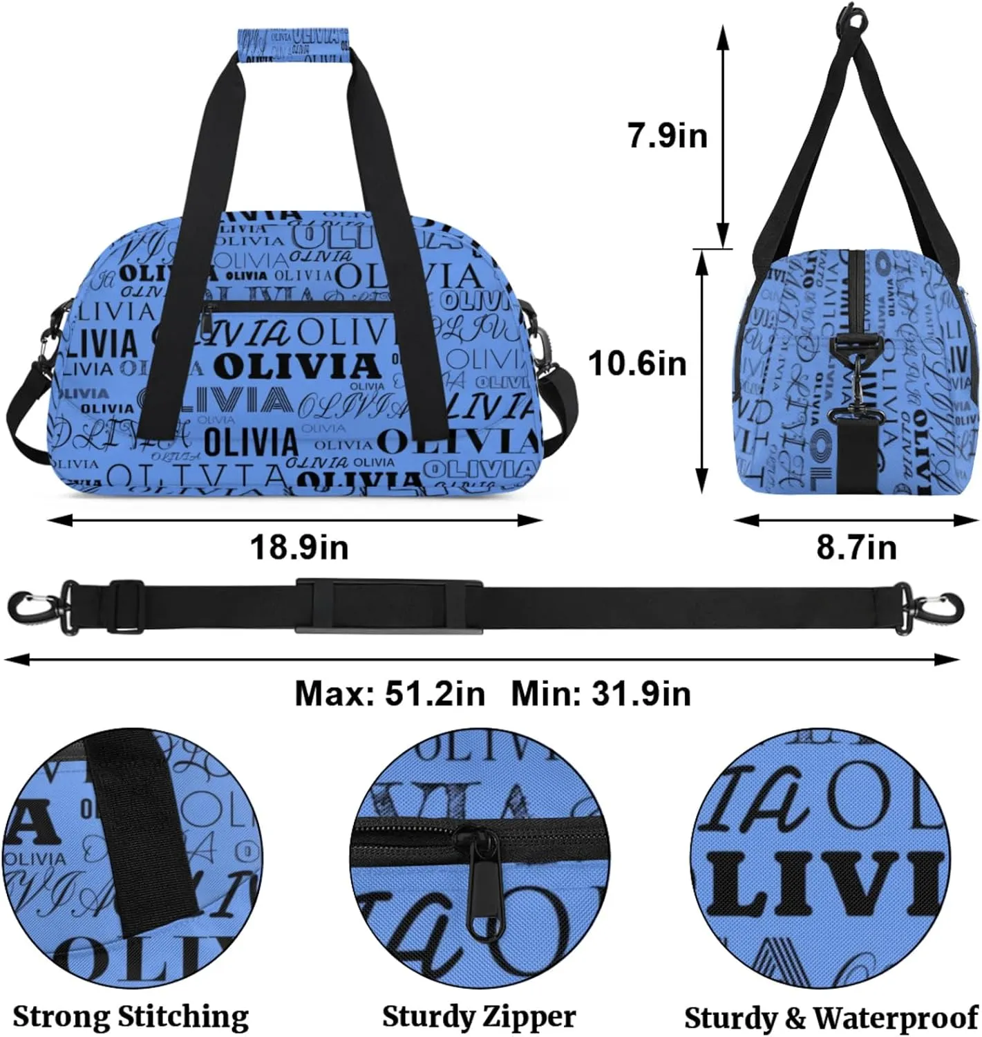 Personalized Kids Duffel Bag with Your Name Lightweight Waterproof Custom Sports Gym Bag with Front Zipper Pocket Foldable Weekender Overnight Bag for School Practice Gymnastic Ballet Cornflower Blue