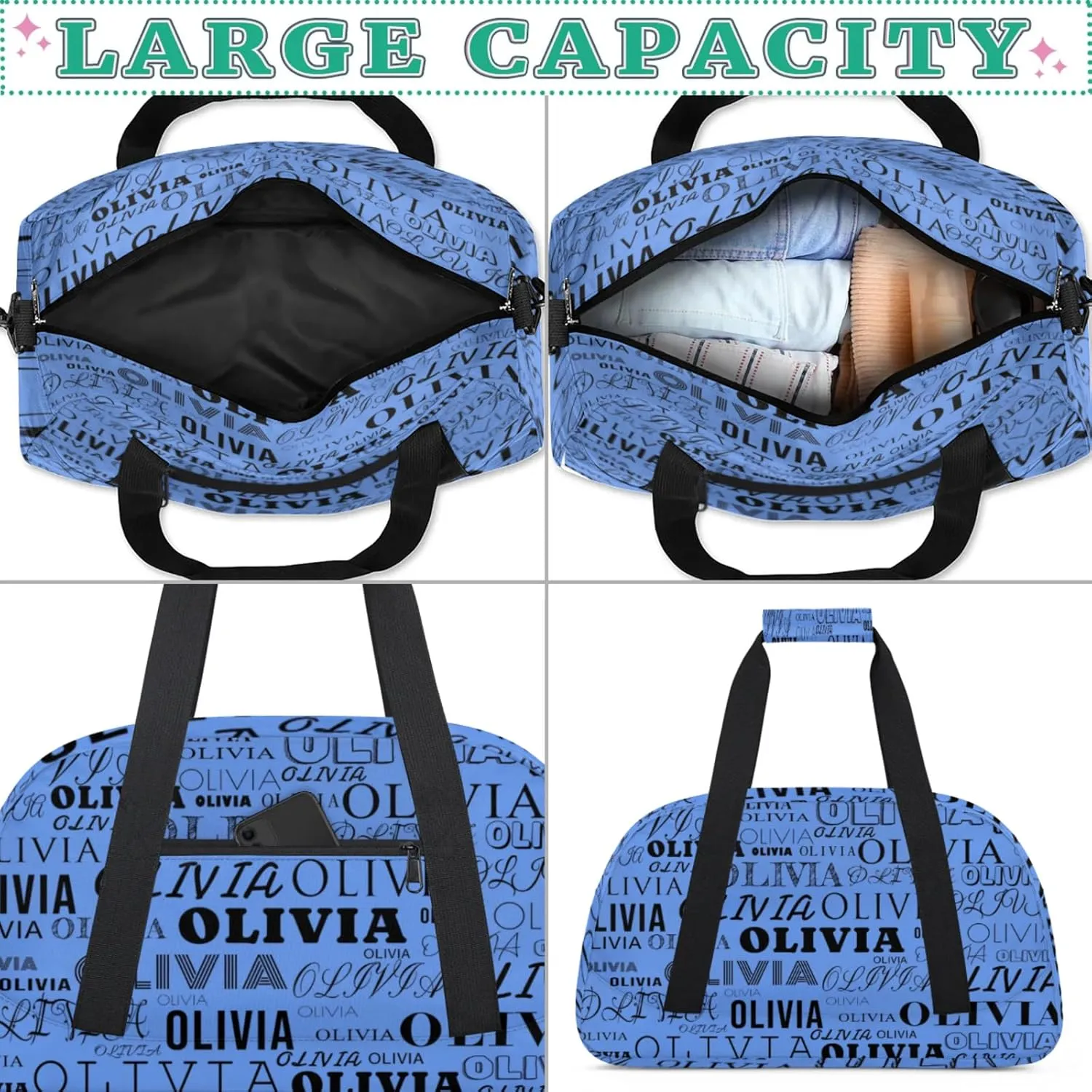 Personalized Kids Duffel Bag with Your Name Lightweight Waterproof Custom Sports Gym Bag with Front Zipper Pocket Foldable Weekender Overnight Bag for School Practice Gymnastic Ballet Cornflower Blue