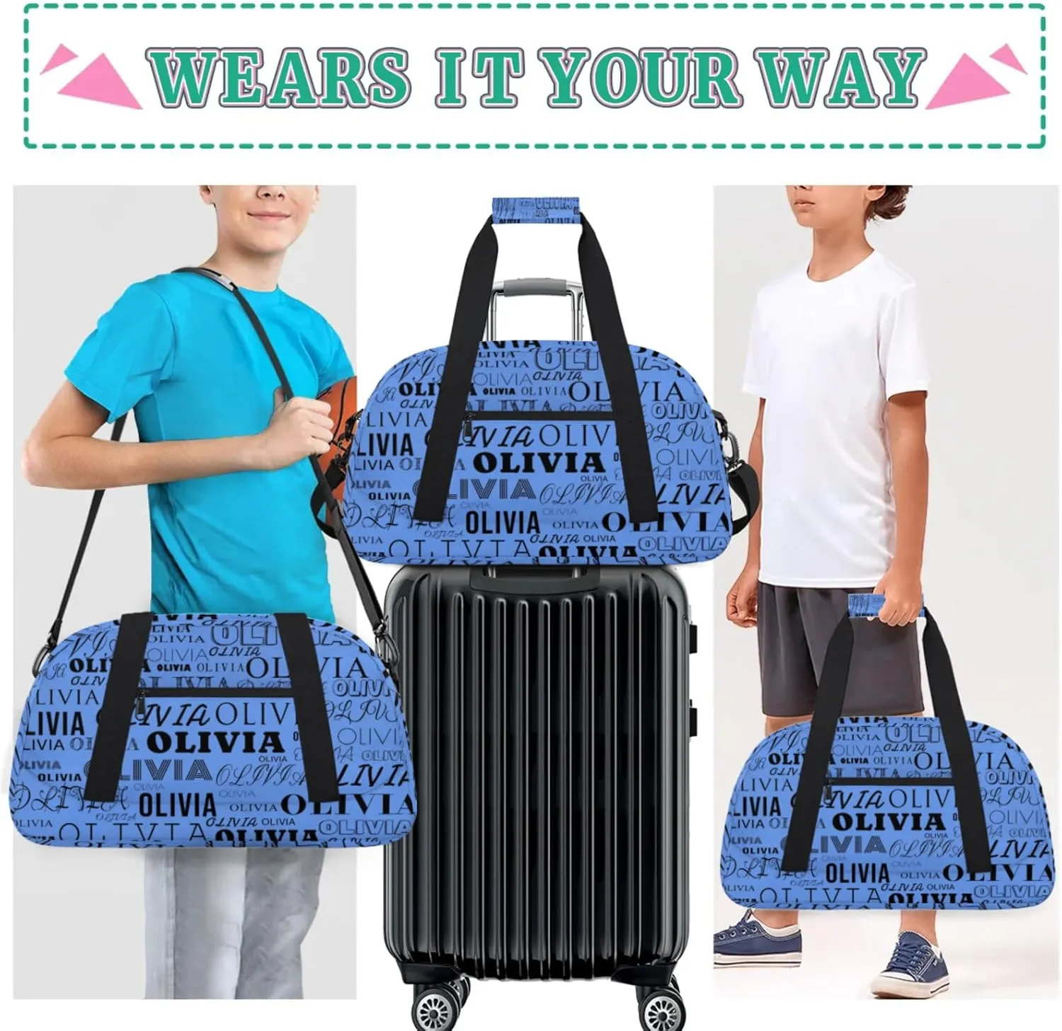 Personalized Kids Duffel Bag with Your Name Lightweight Waterproof Custom Sports Gym Bag with Front Zipper Pocket Foldable Weekender Overnight Bag for School Practice Gymnastic Ballet Cornflower Blue