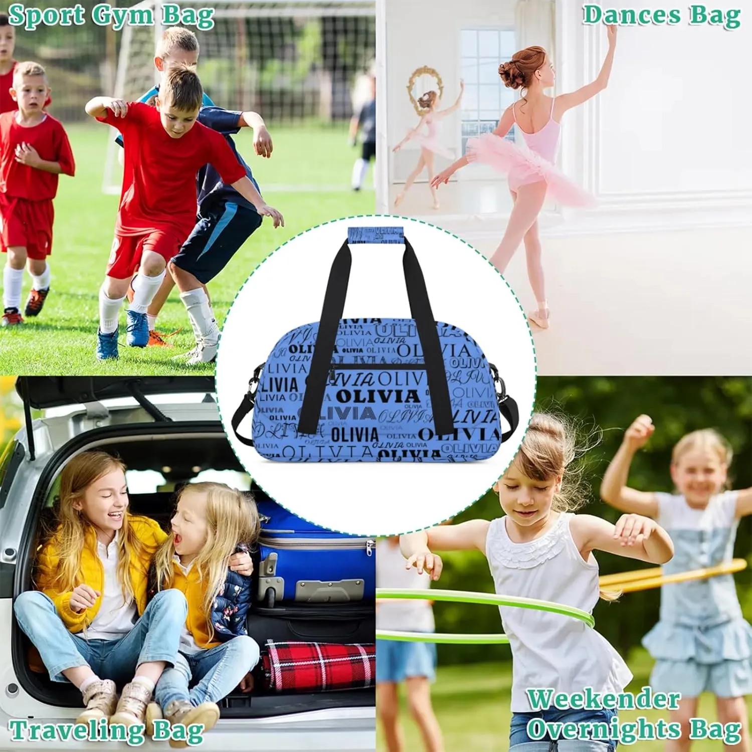 Personalized Kids Duffel Bag with Your Name Lightweight Waterproof Custom Sports Gym Bag with Front Zipper Pocket Foldable Weekender Overnight Bag for School Practice Gymnastic Ballet Cornflower Blue