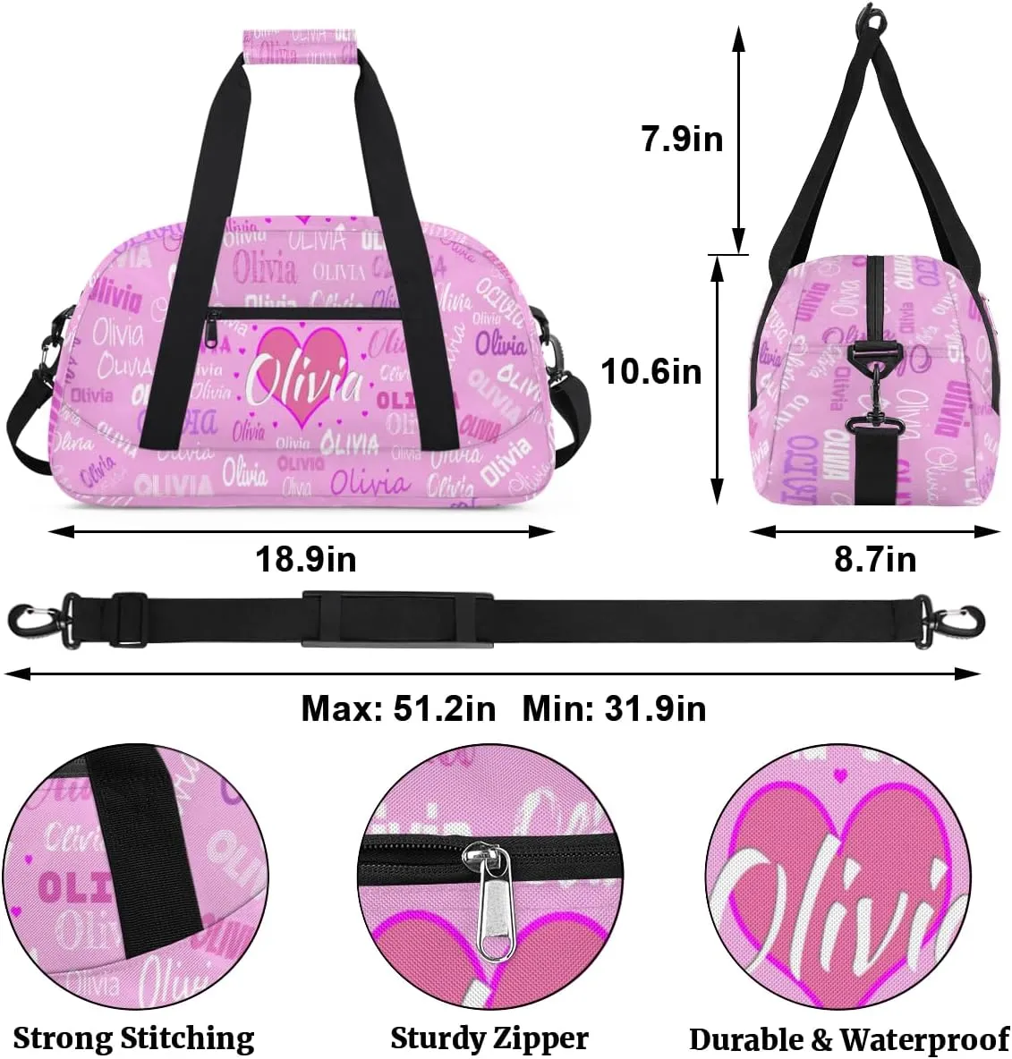 Personalized Kids Gym Bag, Custom Sport Duffel Bag, Cheerleading Dance Bag Weekender Bags Travel Duffel Bag for Girl Light Pink Solid Color