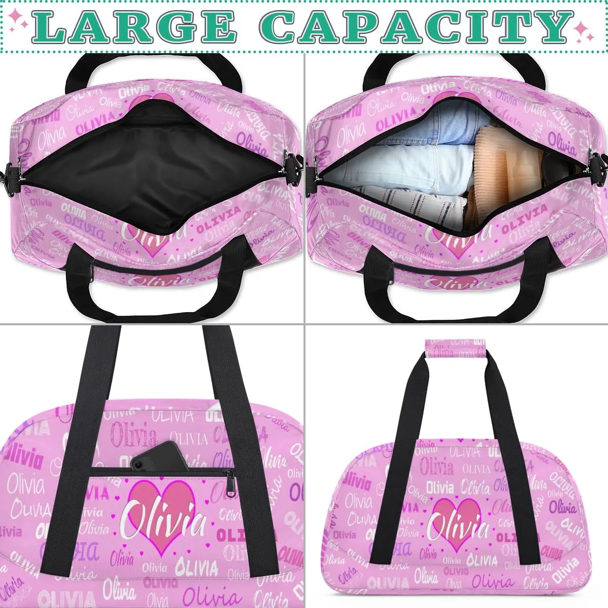 Personalized Kids Gym Bag, Custom Sport Duffel Bag, Cheerleading Dance Bag Weekender Bags Travel Duffel Bag for Girl Light Pink Solid Color