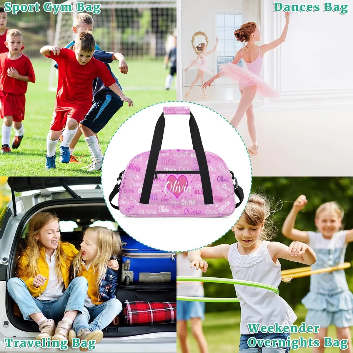Personalized Kids Gym Bag, Custom Sport Duffel Bag, Cheerleading Dance Bag Weekender Bags Travel Duffel Bag for Girl Light Pink Solid Color