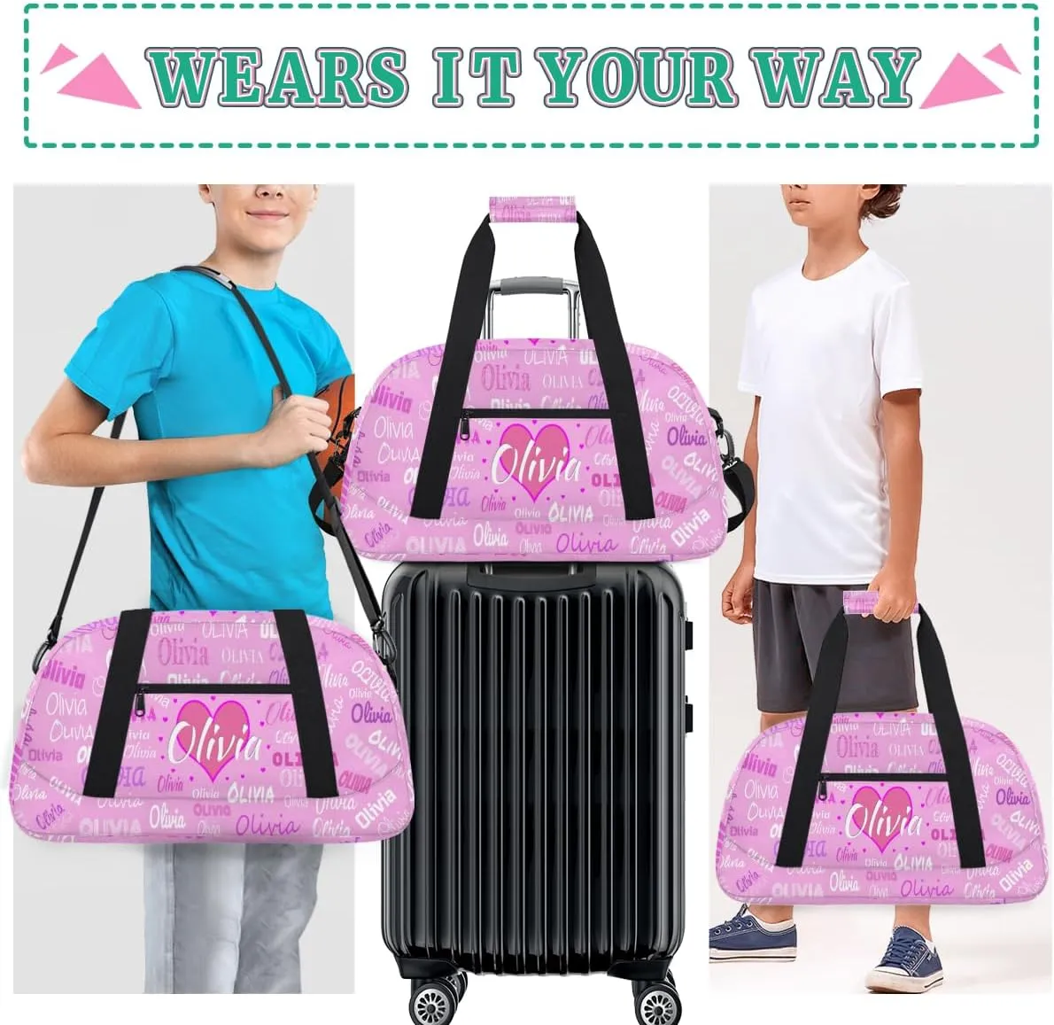 Personalized Kids Gym Bag, Custom Sport Duffel Bag, Cheerleading Dance Bag Weekender Bags Travel Duffel Bag for Girl Light Pink Solid Color