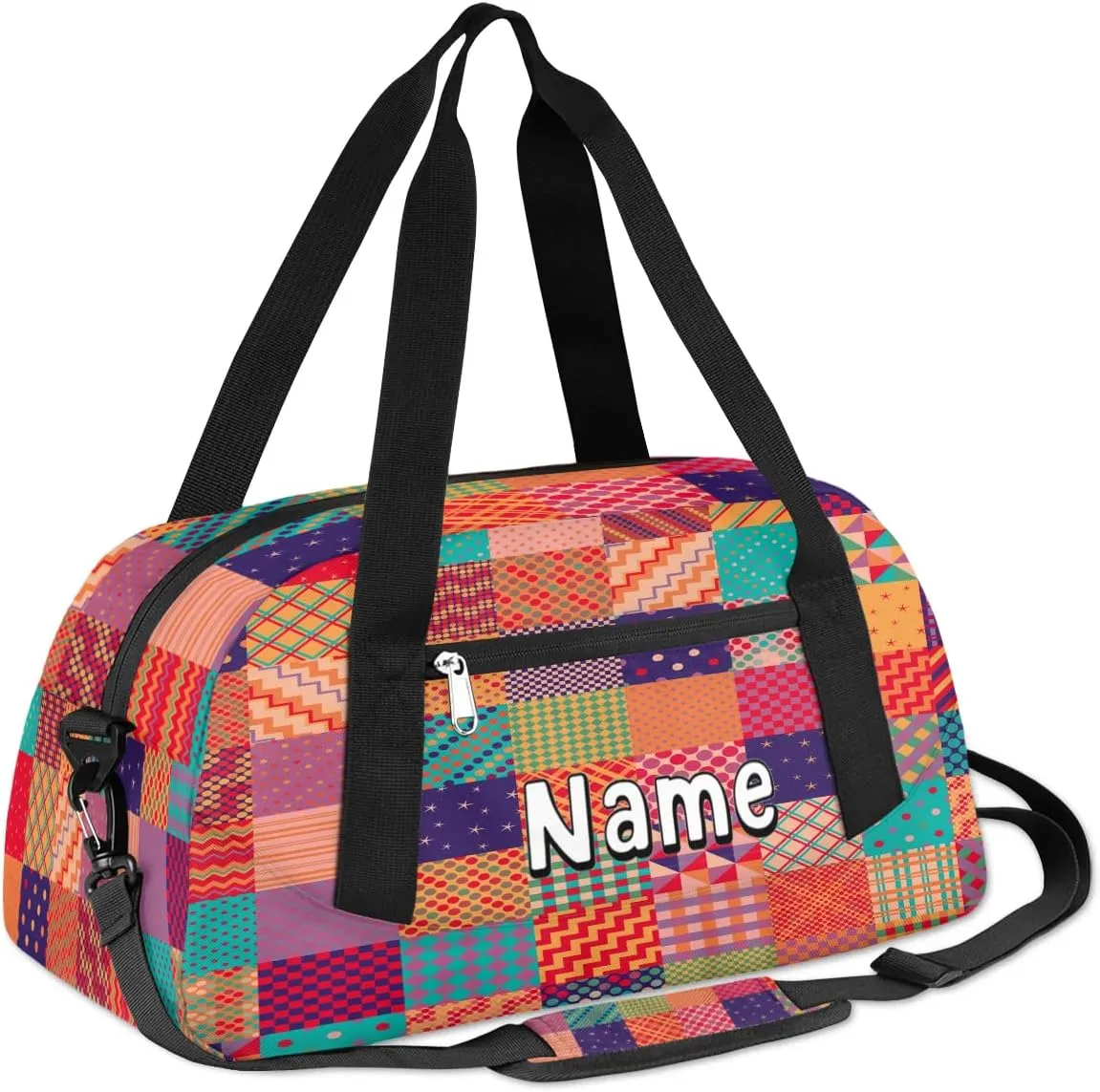Personalized Kids Patchwork Duffle Bag Little Girls Boys Teen Overnighter Travel Sport Gym Bag 18.5 Inch Weekender Carry On Shoulder Bag for Kids Sport Travel Camping