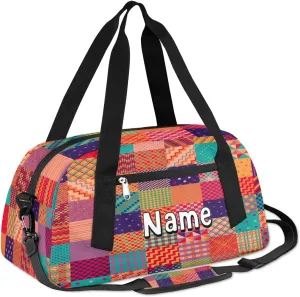 Personalized Kids Patchwork Duffle Bag Little Girls Boys Teen Overnighter Travel Sport Gym Bag 18.5 Inch Weekender Carry On Shoulder Bag for Kids Sport Travel Camping