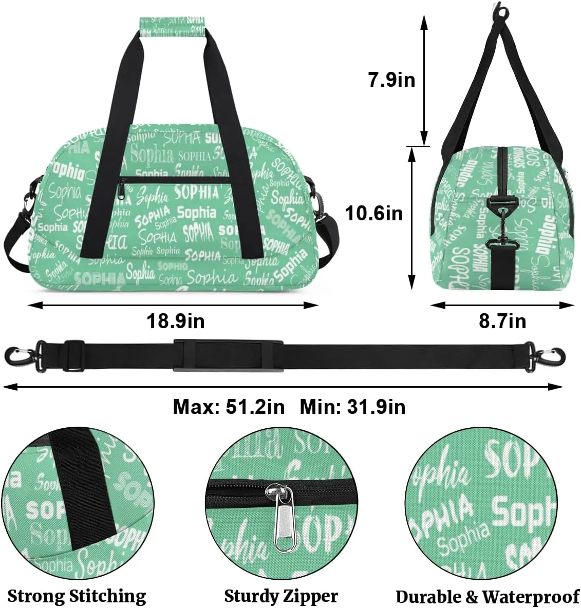 Personalized Kids Sport Gym Bag, Custom Sport Cheer Duffel Bag, Cheerleading Dance Bag Weekender Bags Travel Duffel Bag for Girl, Light Green