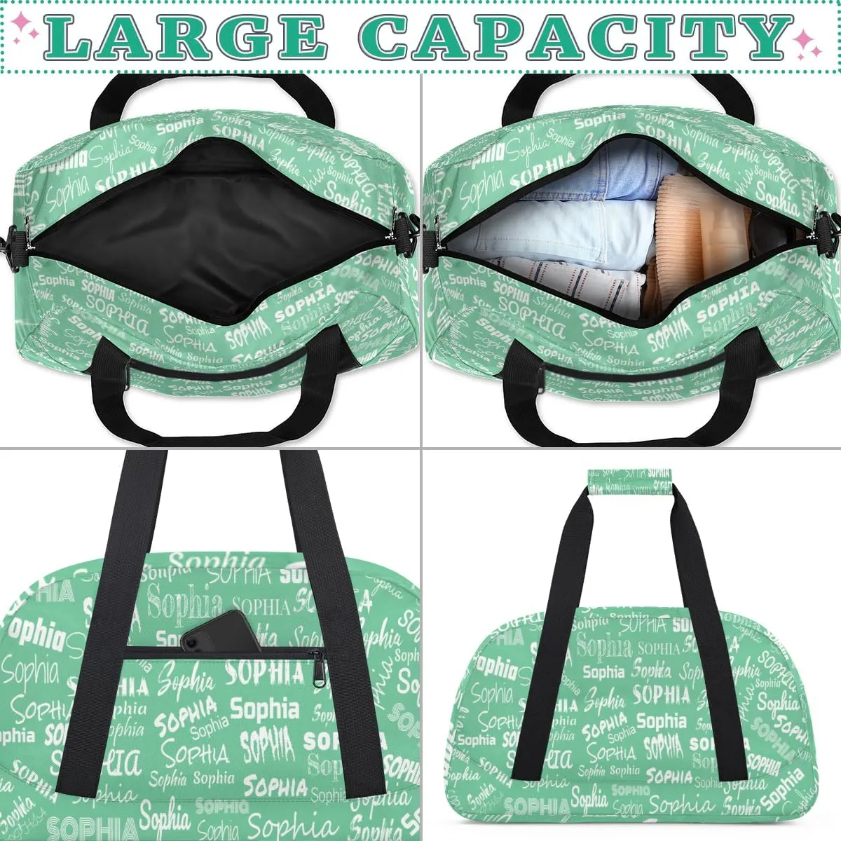 Personalized Kids Sport Gym Bag, Custom Sport Cheer Duffel Bag, Cheerleading Dance Bag Weekender Bags Travel Duffel Bag for Girl, Light Green