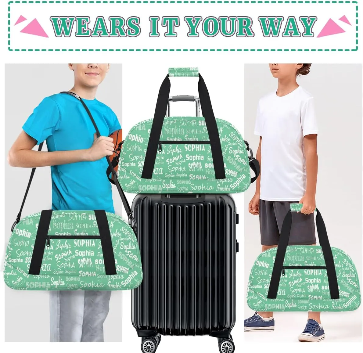 Personalized Kids Sport Gym Bag, Custom Sport Cheer Duffel Bag, Cheerleading Dance Bag Weekender Bags Travel Duffel Bag for Girl, Light Green