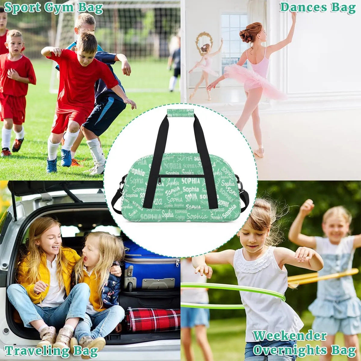 Personalized Kids Sport Gym Bag, Custom Sport Cheer Duffel Bag, Cheerleading Dance Bag Weekender Bags Travel Duffel Bag for Girl, Light Green