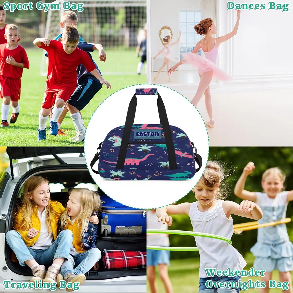 Personalized Kids Sports Gym Bag, Custom Sport Duffel Bag, Cheerleading Dance Bag Weekender Bags Travel Duffel Bag for Girl Colorful Dinosaurs