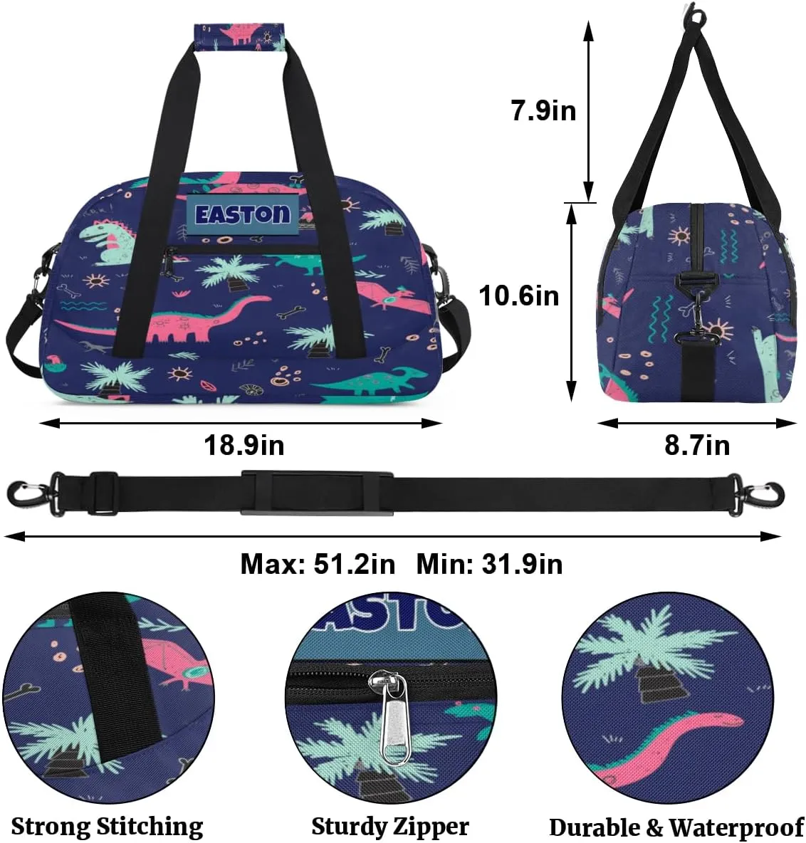 Personalized Kids Sports Gym Bag, Custom Sport Duffel Bag, Cheerleading Dance Bag Weekender Bags Travel Duffel Bag for Girl Colorful Dinosaurs