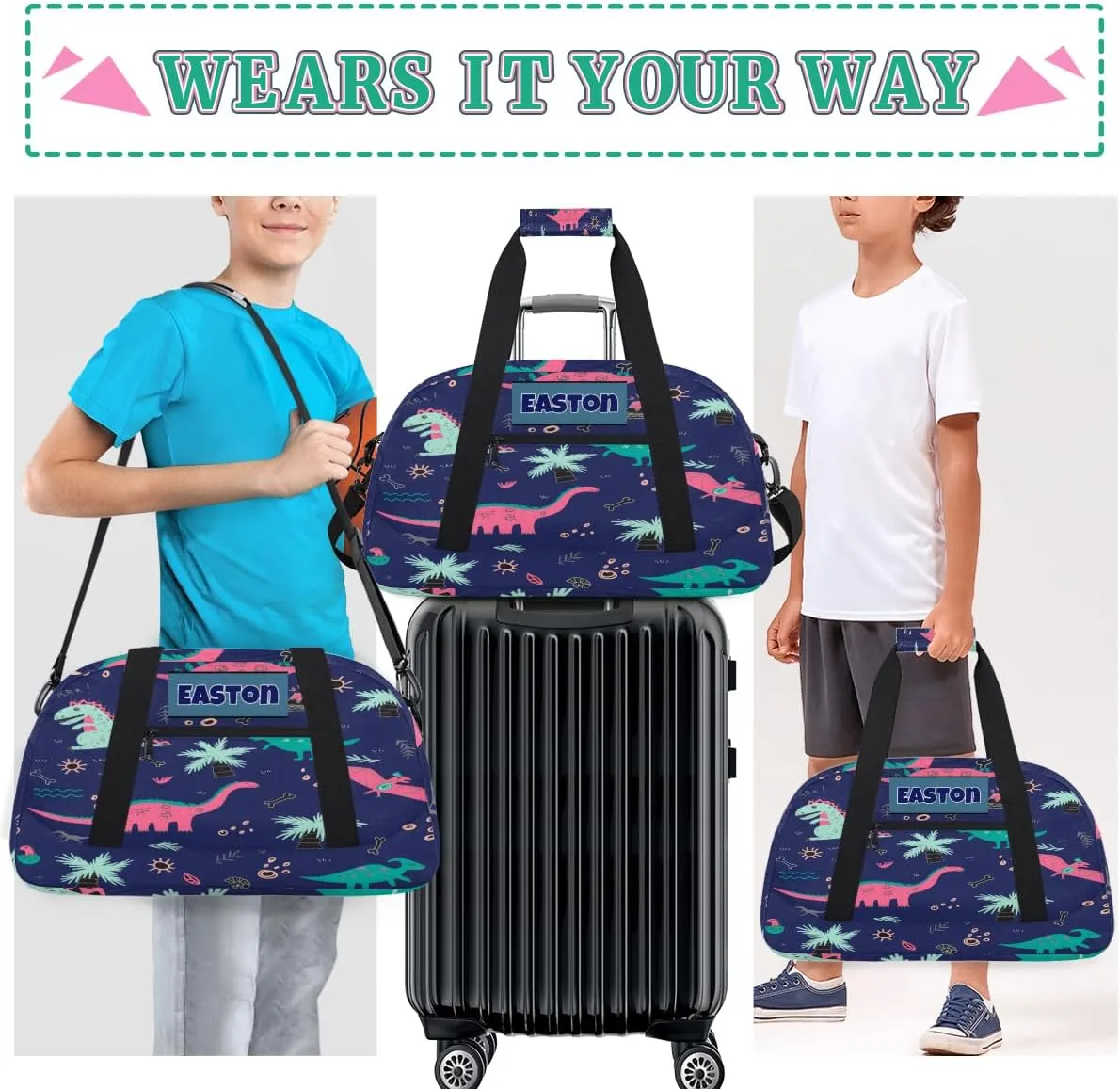 Personalized Kids Sports Gym Bag, Custom Sport Duffel Bag, Cheerleading Dance Bag Weekender Bags Travel Duffel Bag for Girl Colorful Dinosaurs