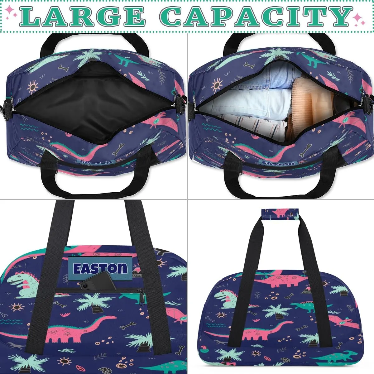 Personalized Kids Sports Gym Bag, Custom Sport Duffel Bag, Cheerleading Dance Bag Weekender Bags Travel Duffel Bag for Girl Colorful Dinosaurs