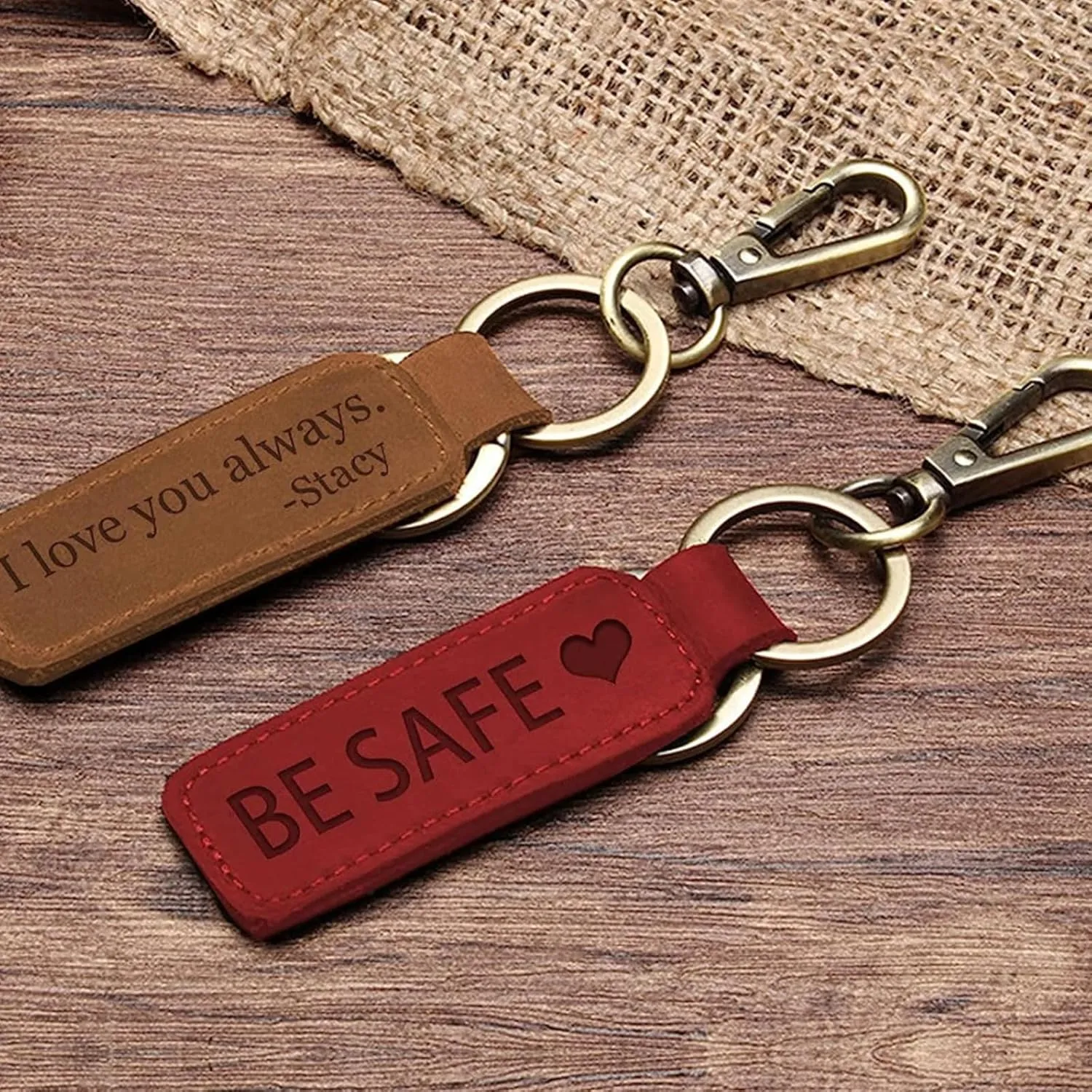 Personalized Leather Custom Keychain Engraved Name Keychain with Double Ring for Men and Women