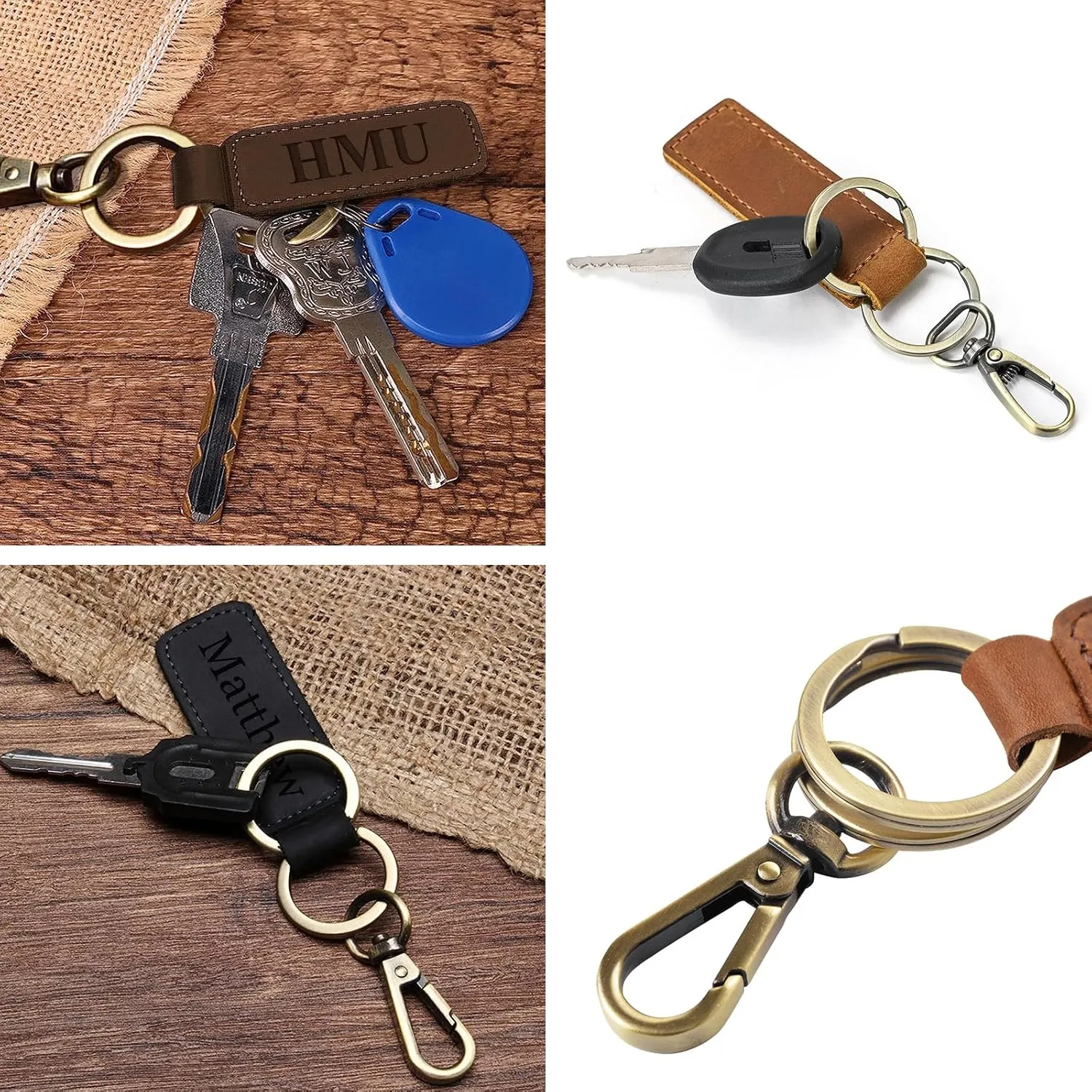 Personalized Leather Custom Keychain Engraved Name Keychain with Double Ring for Men and Women