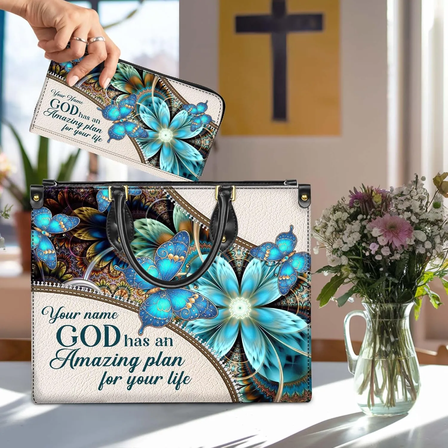 Personalized Leather Handbag for Women – Matching Purse and Wallet Set – Custom Name Church Bags, Mother's Day Gift