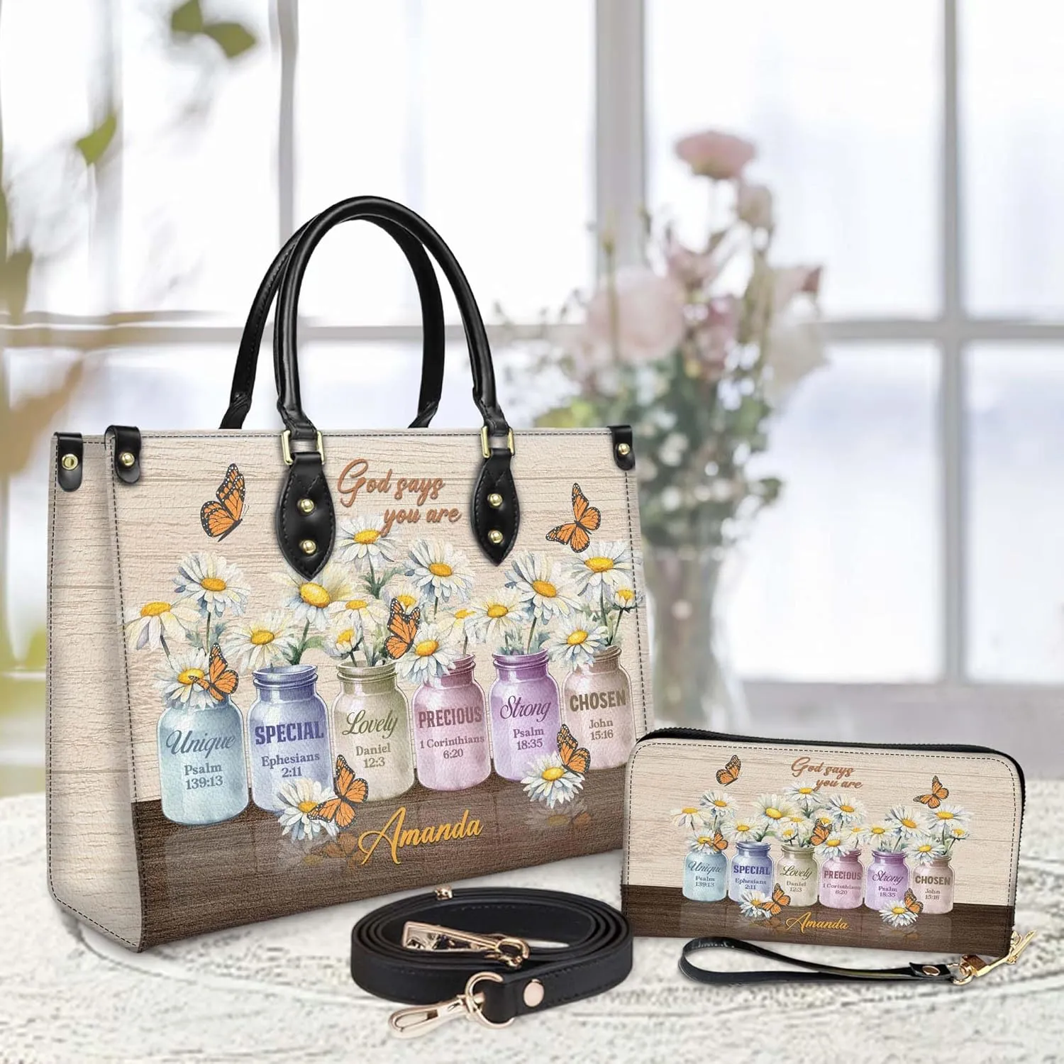 Personalized Leather Handbag for Women – Matching Purse and Wallet Set – Custom Name Church Bags, Mother's Day Gift