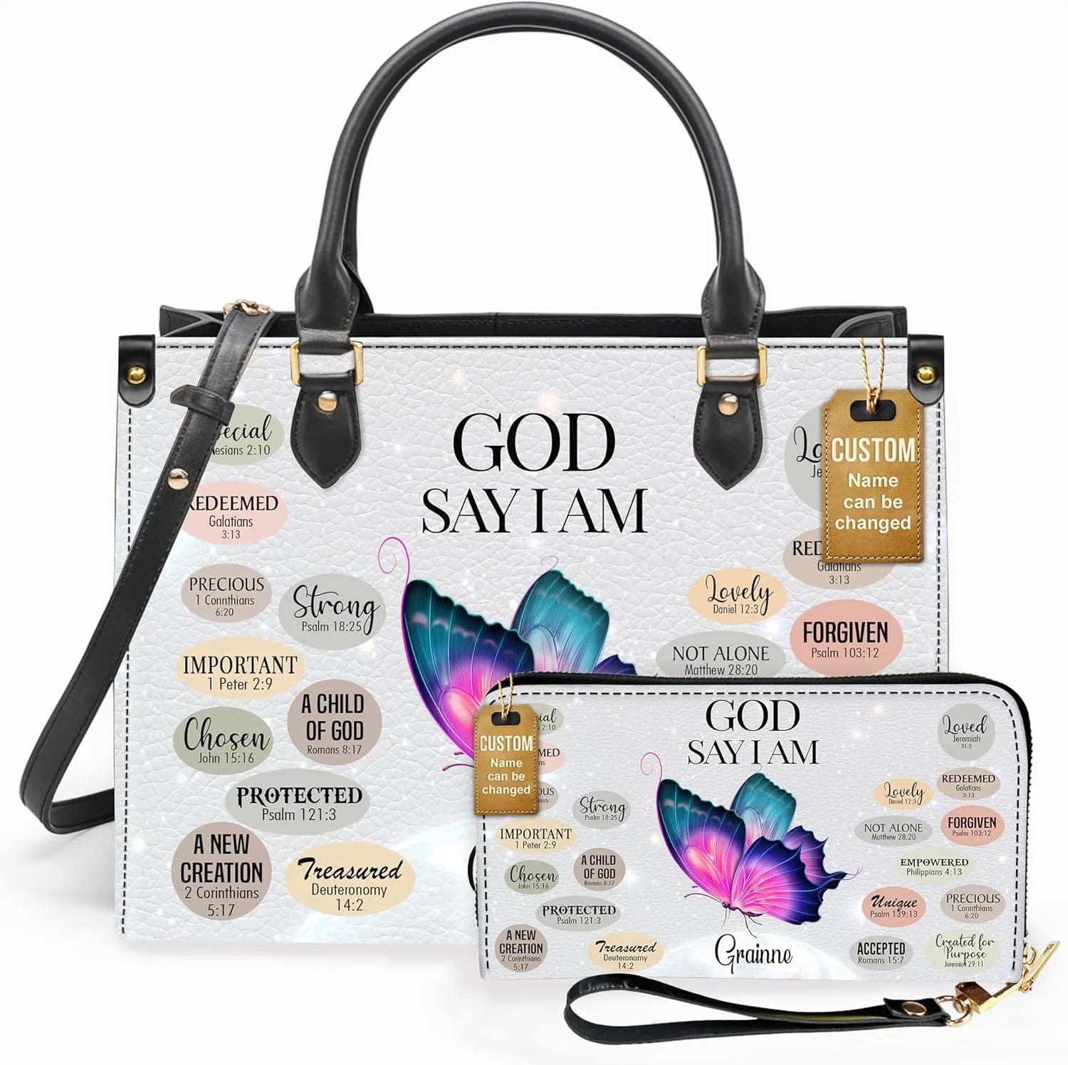 Personalized Leather Handbag for Women – Matching Purse and Wallet Set – Custom Name Church Bags, Mother's Day Gift