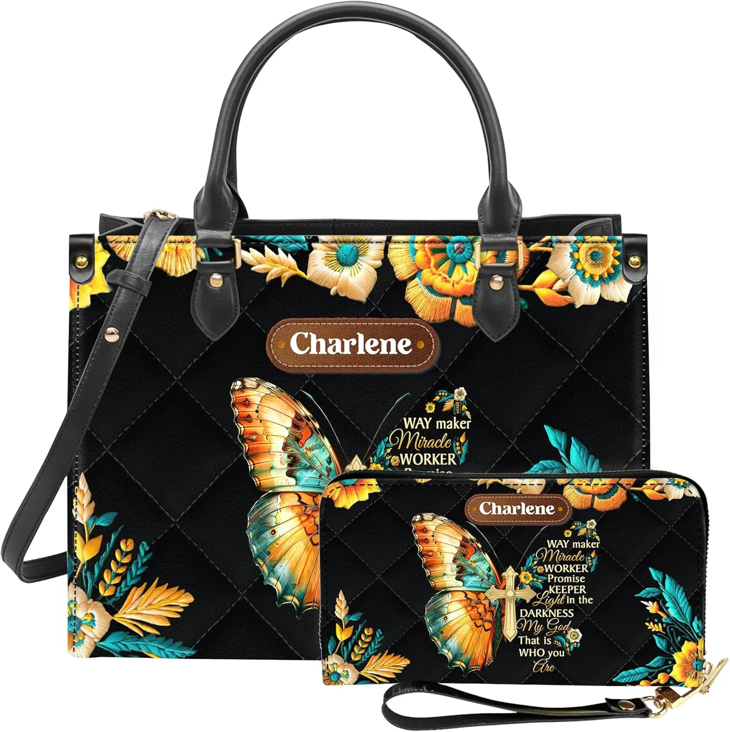 Personalized Leather Handbag for Women – Matching Purse and Wallet Set – Custom Name Church Bags, Mother's Day Gift