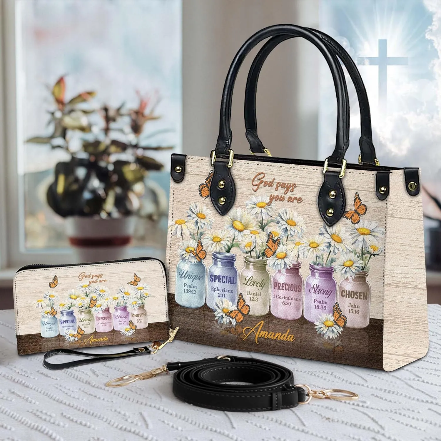 Personalized Leather Handbag for Women – Matching Purse and Wallet Set – Custom Name Church Bags, Mother's Day Gift