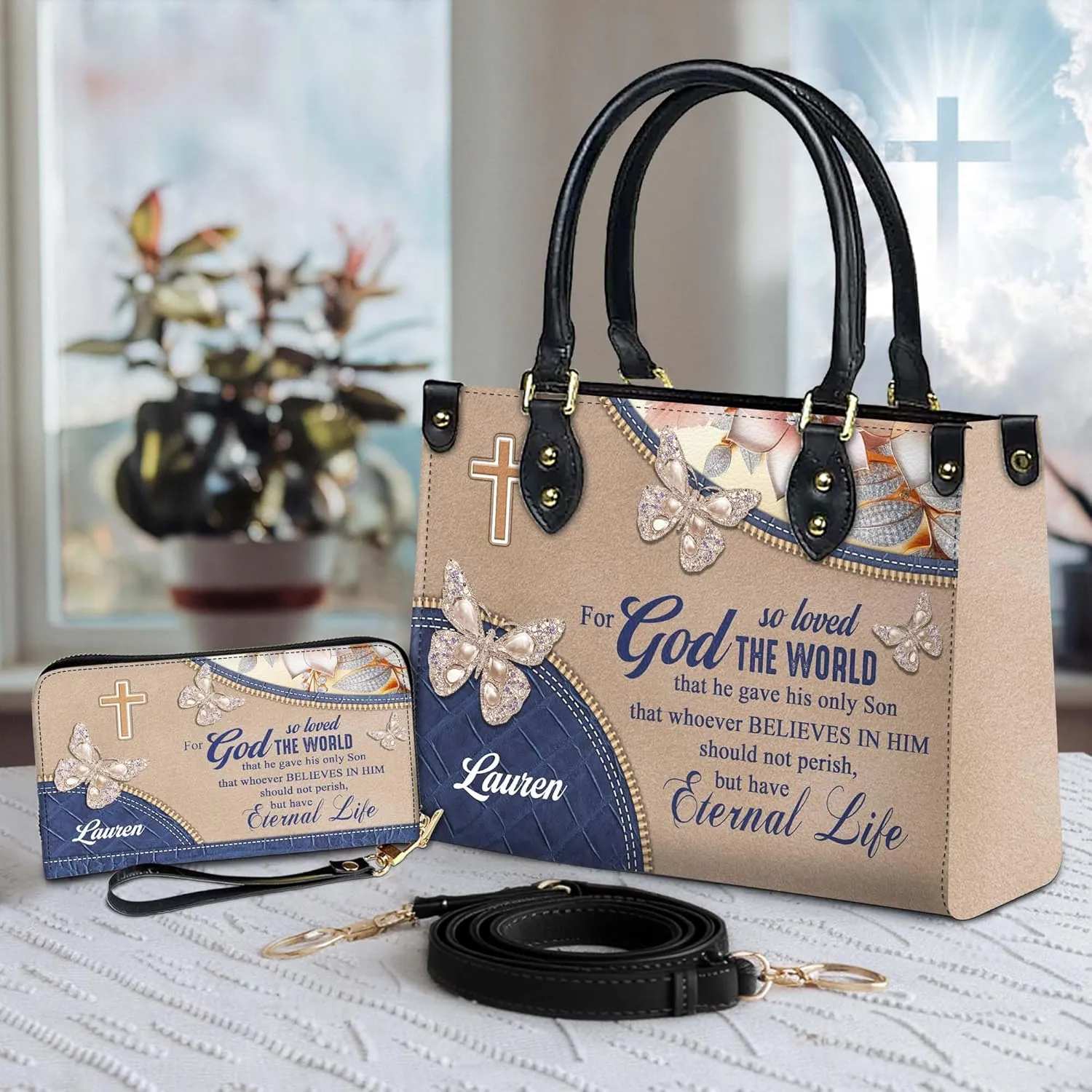 Personalized Leather Handbag for Women – Matching Purse and Wallet Set – Custom Name Church Bags, Mother's Day Gift