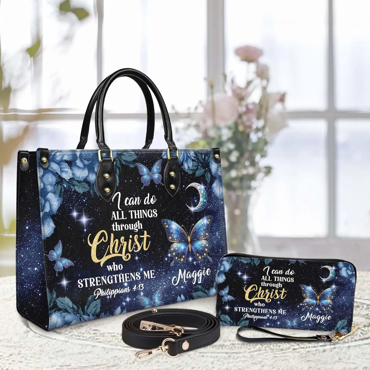 Personalized Leather Handbag for Women – Matching Purse and Wallet Set – Custom Name Church Bags, Mother's Day Gift