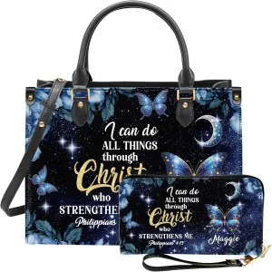 Personalized Leather Handbag for Women – Matching Purse and Wallet Set – Custom Name Church Bags, Mother's Day Gift