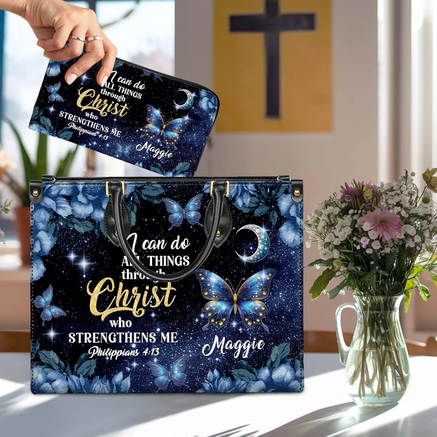 Personalized Leather Handbag for Women – Matching Purse and Wallet Set – Custom Name Church Bags, Mother's Day Gift