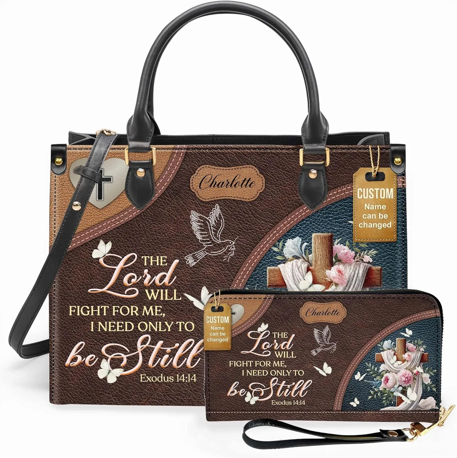 Personalized Leather Handbag for Women – Matching Purse and Wallet Set – Custom Name Church Bags, Mother's Day Gift