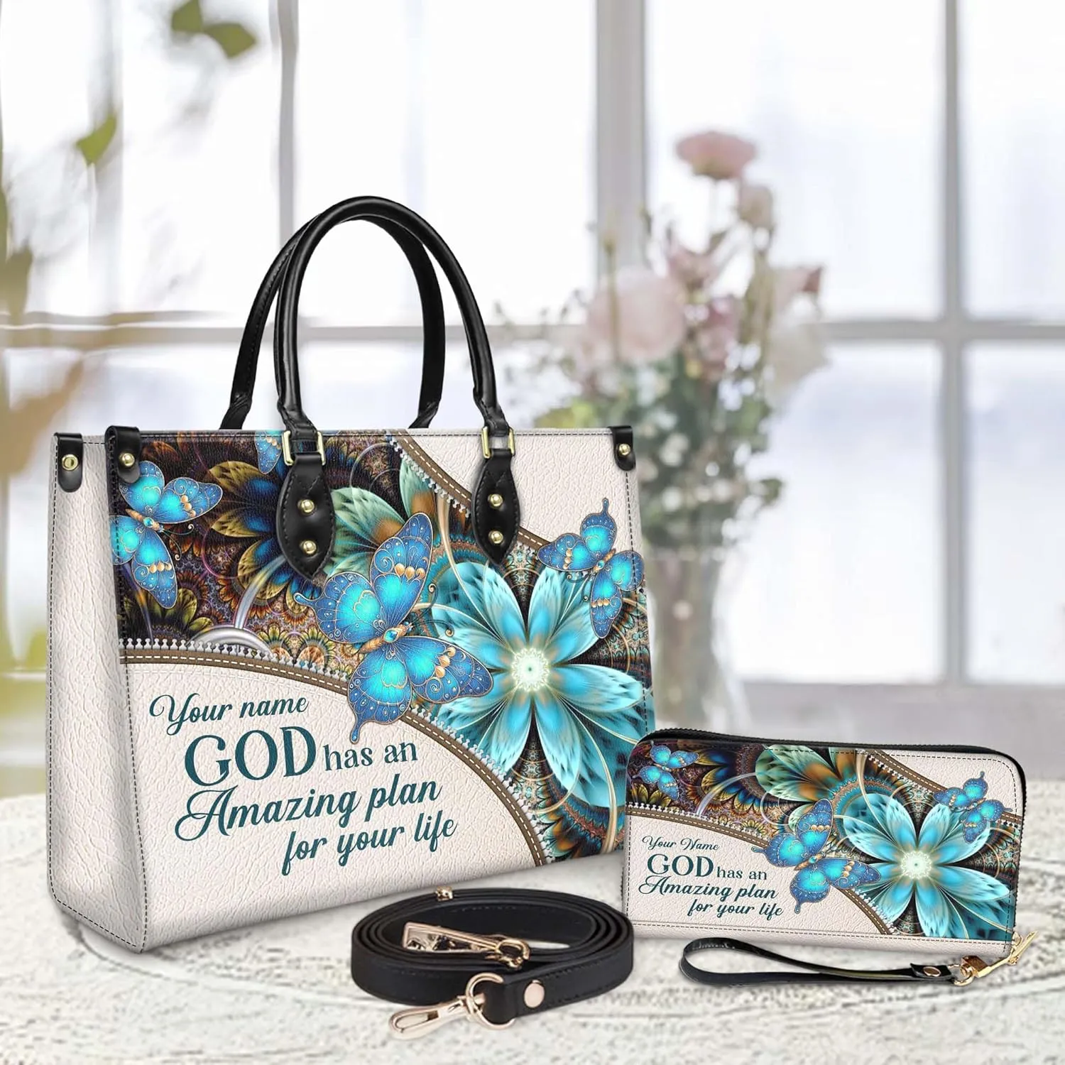 Personalized Leather Handbag for Women – Matching Purse and Wallet Set – Custom Name Church Bags, Mother's Day Gift