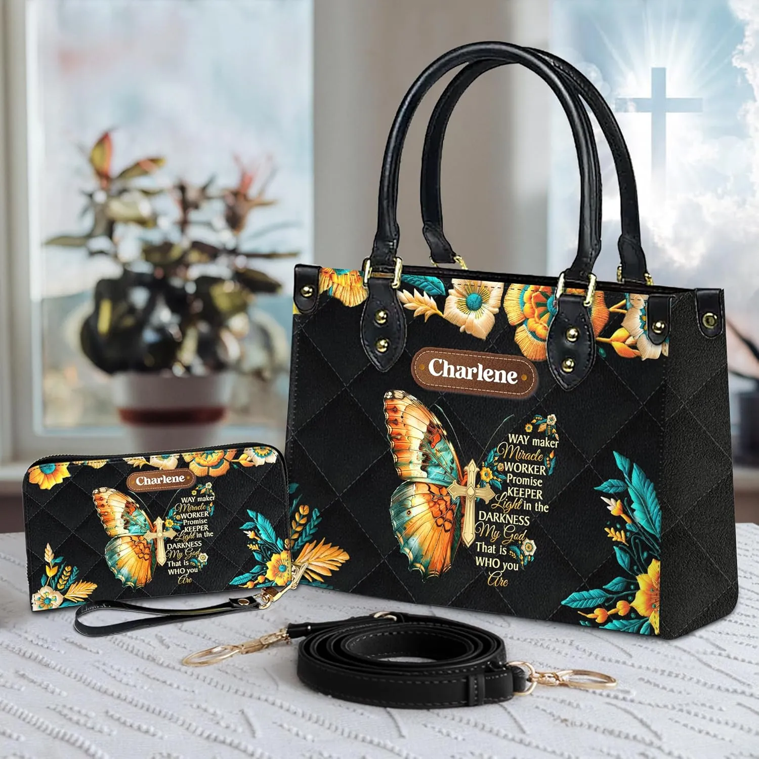 Personalized Leather Handbag for Women – Matching Purse and Wallet Set – Custom Name Church Bags, Mother's Day Gift