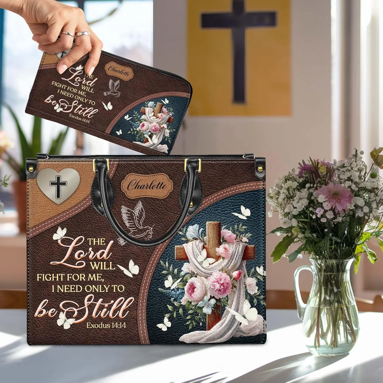 Personalized Leather Handbag for Women – Matching Purse and Wallet Set – Custom Name Church Bags, Mother's Day Gift