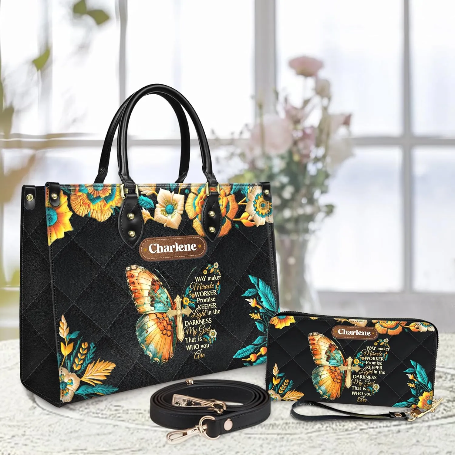 Personalized Leather Handbag for Women – Matching Purse and Wallet Set – Custom Name Church Bags, Mother's Day Gift