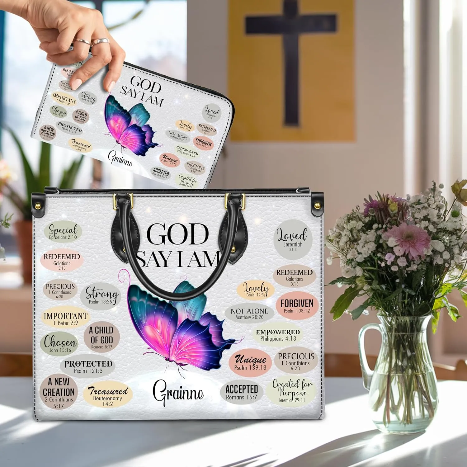 Personalized Leather Handbag for Women – Matching Purse and Wallet Set – Custom Name Church Bags, Mother's Day Gift