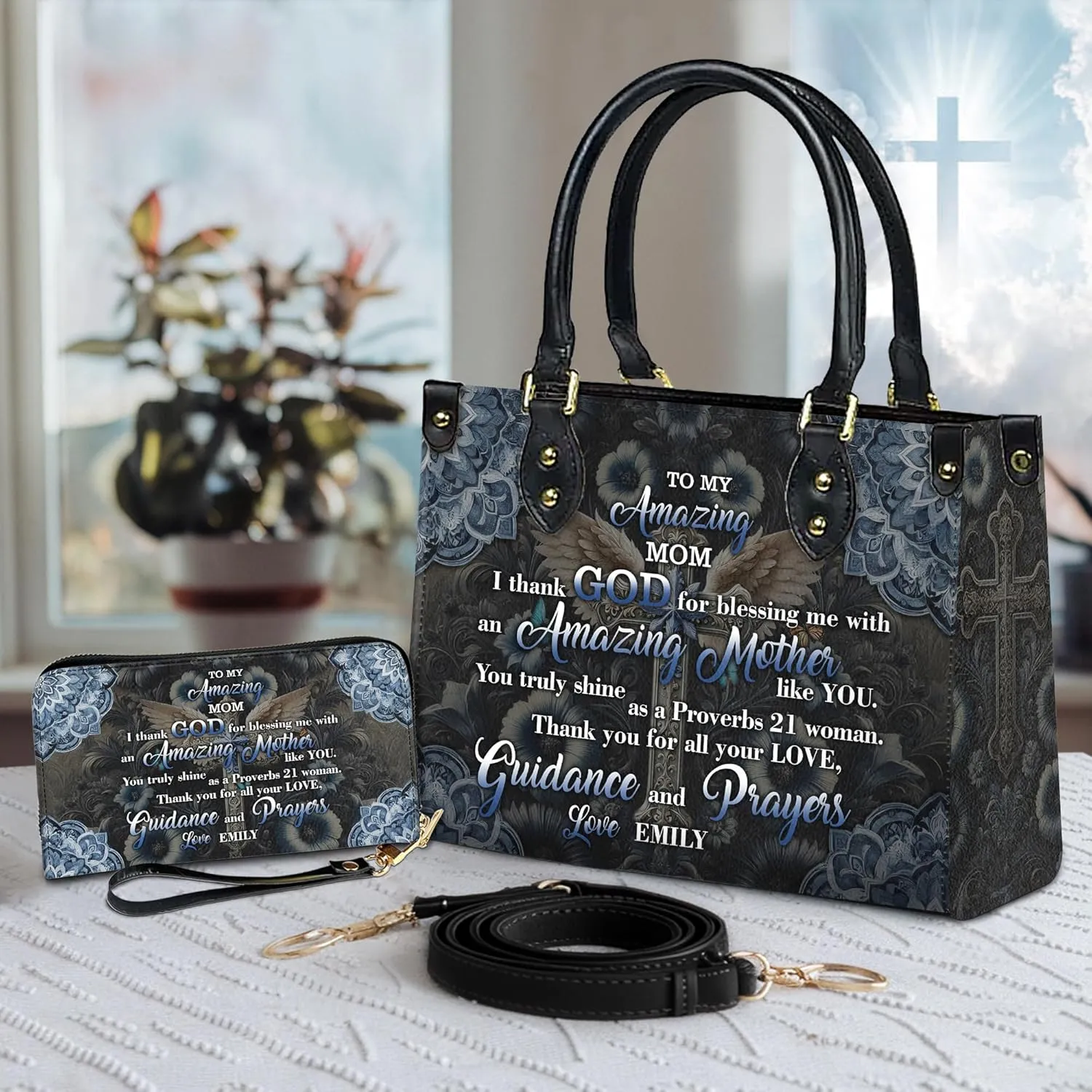 Personalized Leather Handbag for Women – Matching Purse and Wallet Set – Custom Name Church Bags, Mother's Day Gift