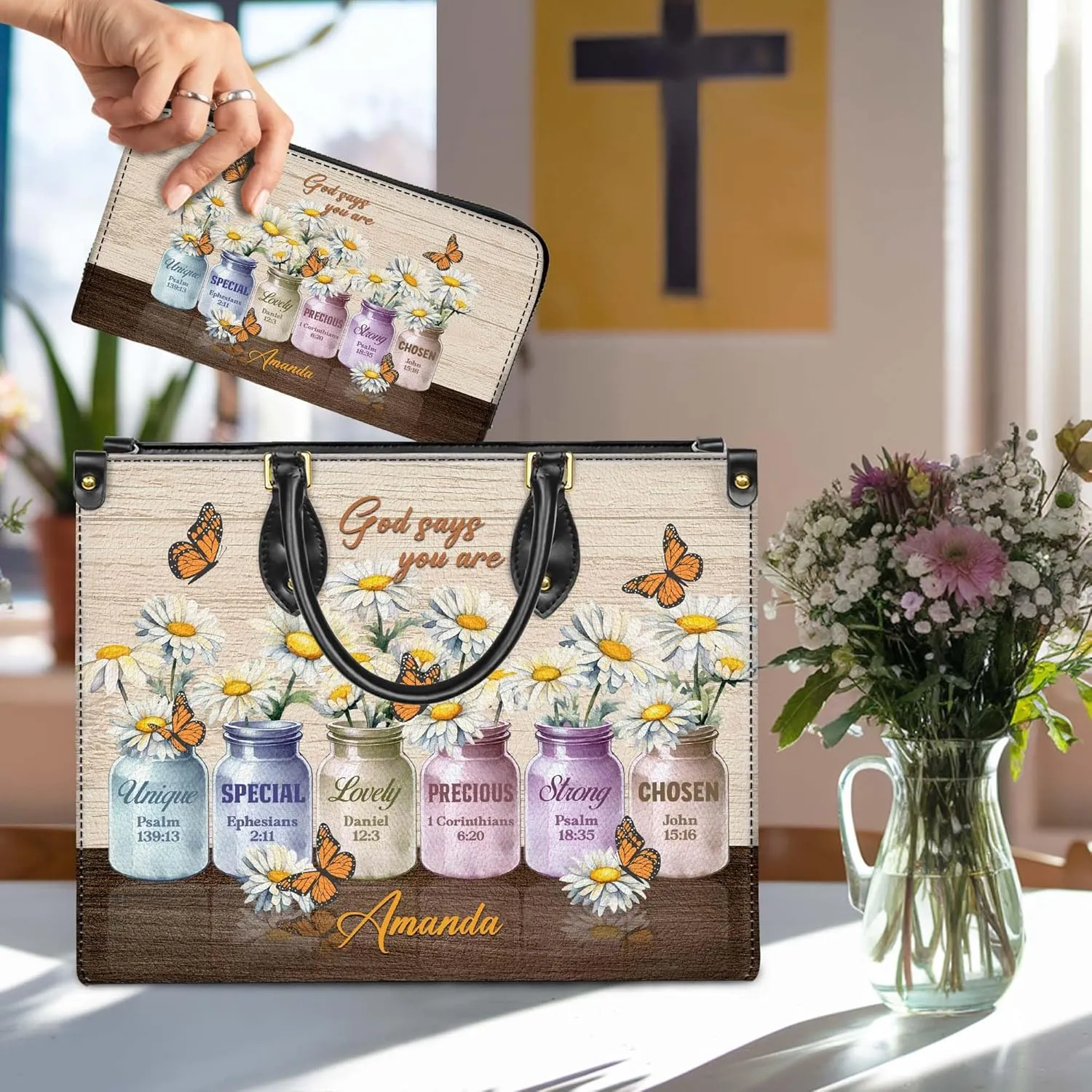 Personalized Leather Handbag for Women – Matching Purse and Wallet Set – Custom Name Church Bags, Mother's Day Gift