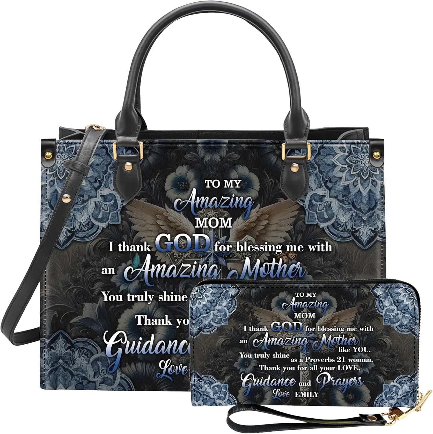 Personalized Leather Handbag for Women – Matching Purse and Wallet Set – Custom Name Church Bags, Mother's Day Gift