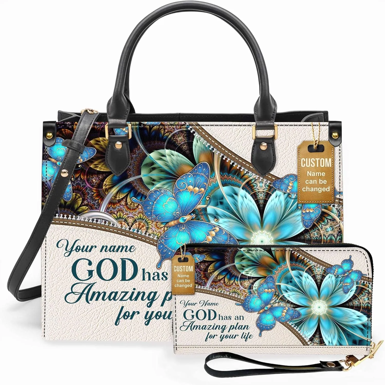 Personalized Leather Handbag for Women – Matching Purse and Wallet Set – Custom Name Church Bags, Mother's Day Gift
