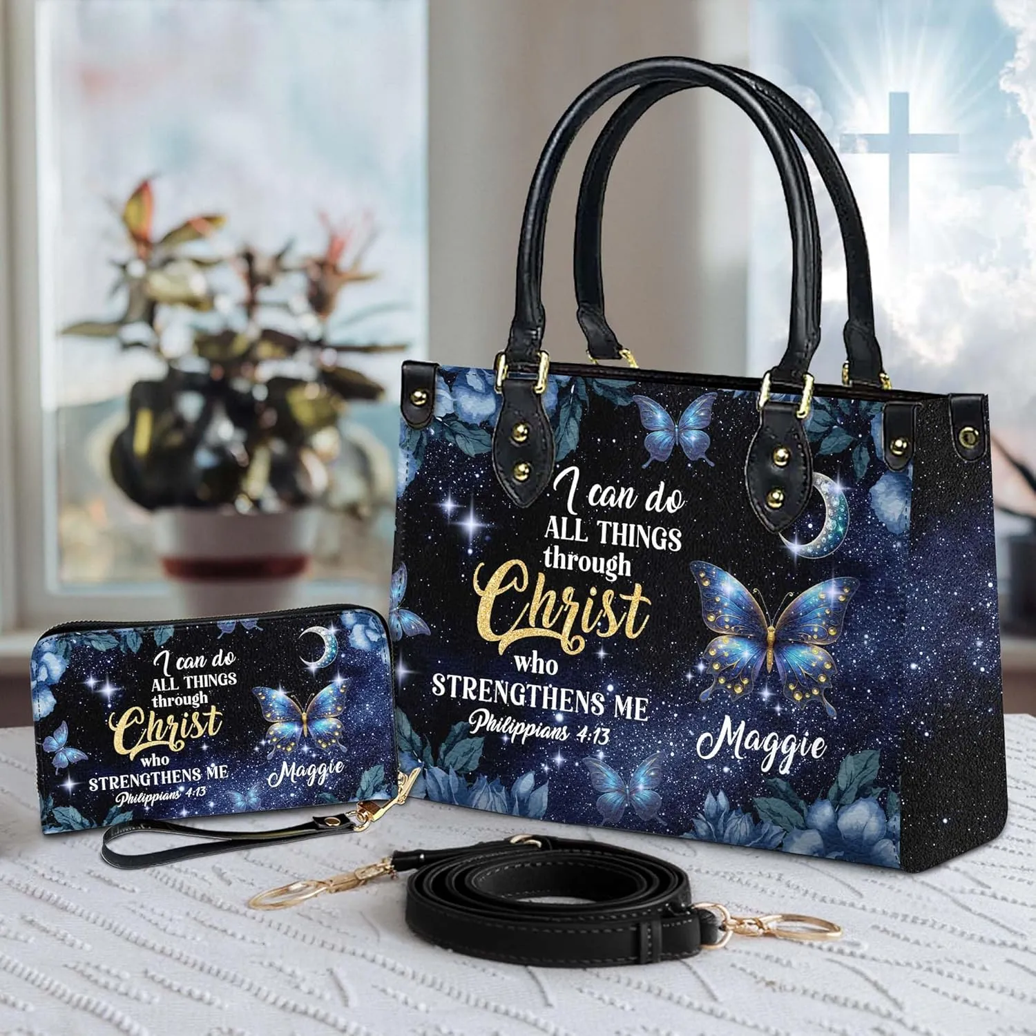 Personalized Leather Handbag for Women – Matching Purse and Wallet Set – Custom Name Church Bags, Mother's Day Gift