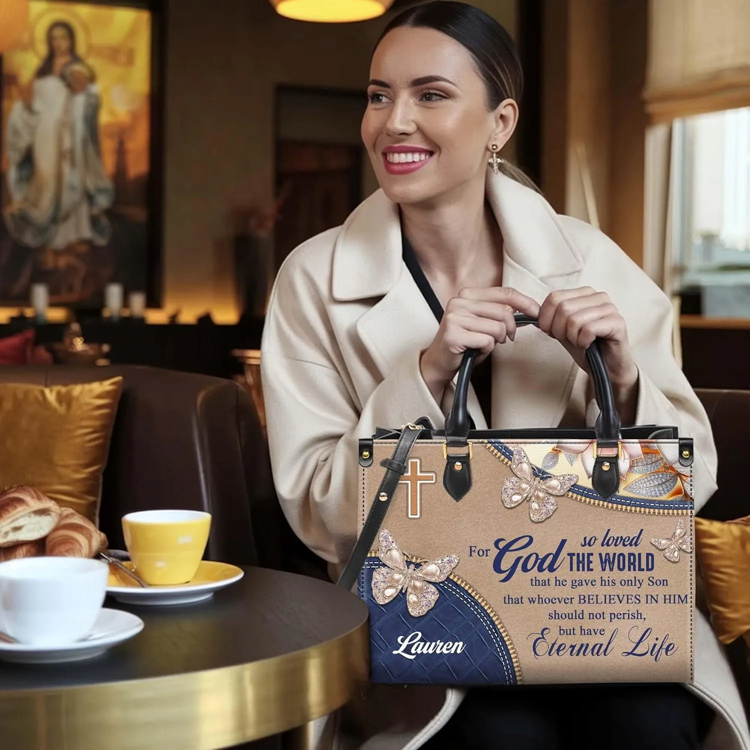 Personalized Leather Handbag for Women – Matching Purse and Wallet Set – Custom Name Church Bags, Mother's Day Gift