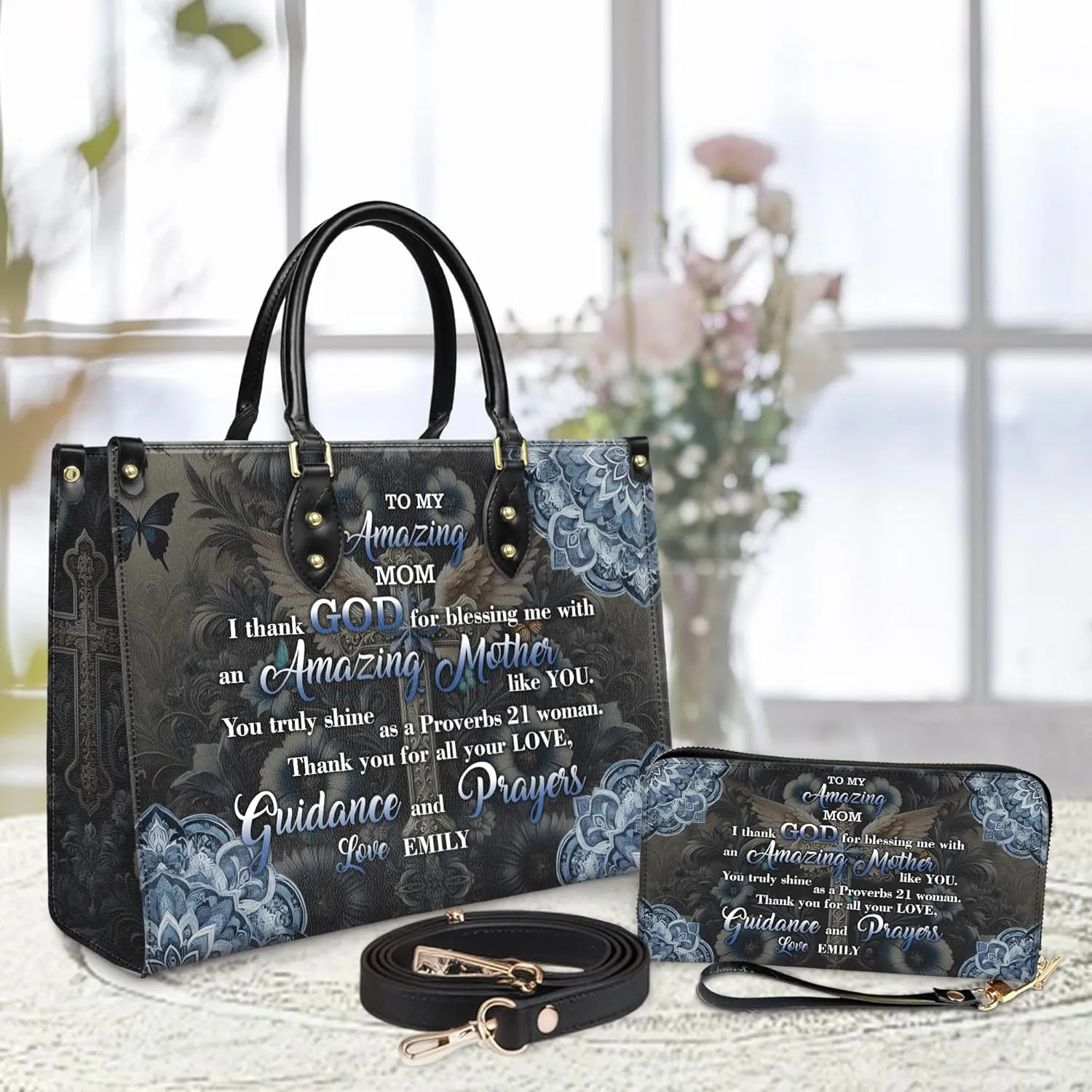 Personalized Leather Handbag for Women – Matching Purse and Wallet Set – Custom Name Church Bags, Mother's Day Gift