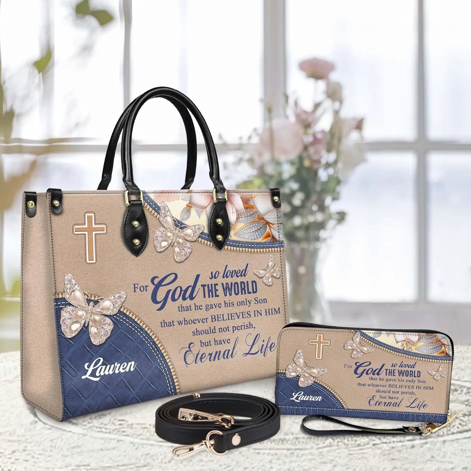 Personalized Leather Handbag for Women – Matching Purse and Wallet Set – Custom Name Church Bags, Mother's Day Gift
