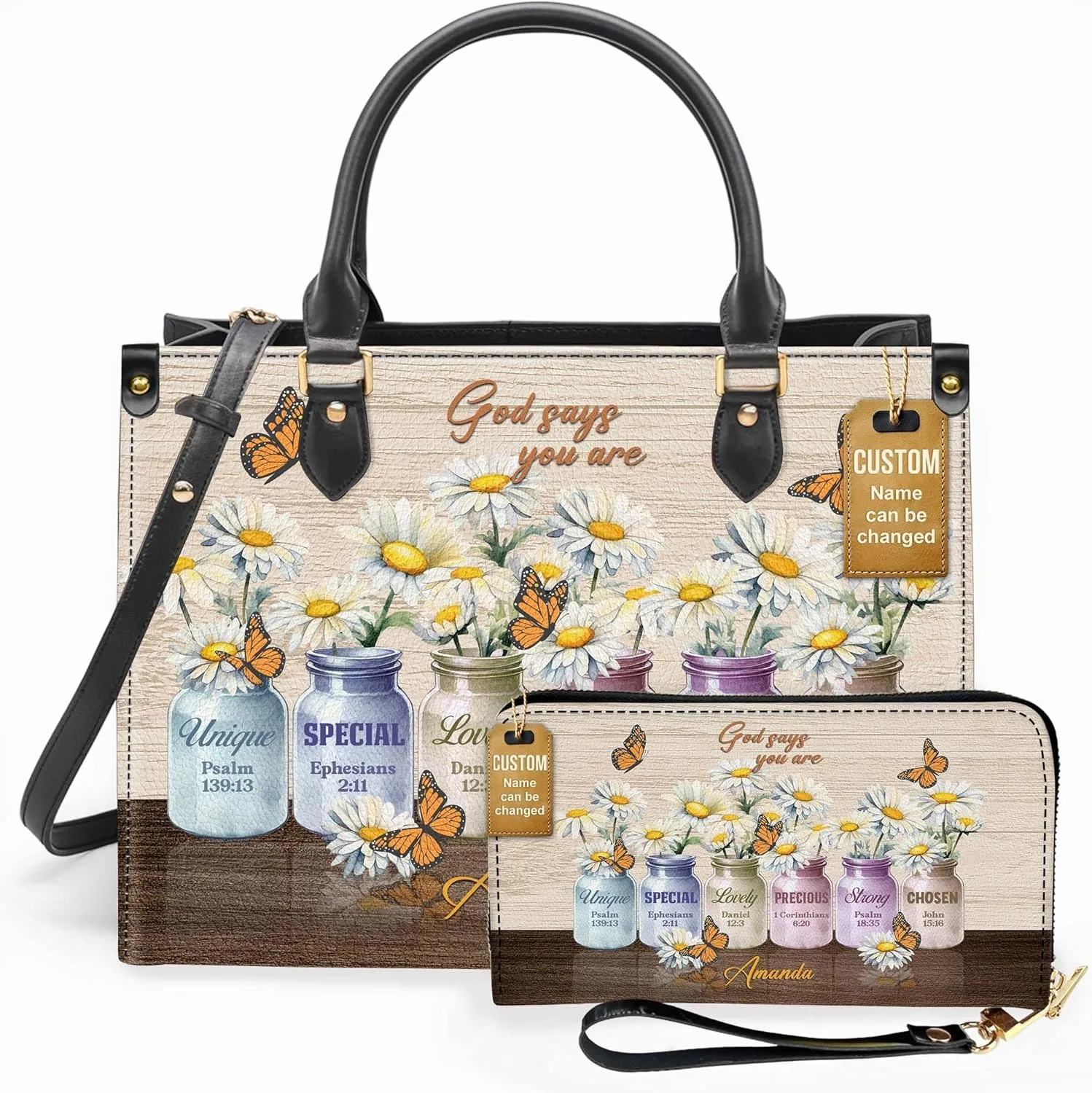 Personalized Leather Handbag for Women – Matching Purse and Wallet Set – Custom Name Church Bags, Mother's Day Gift
